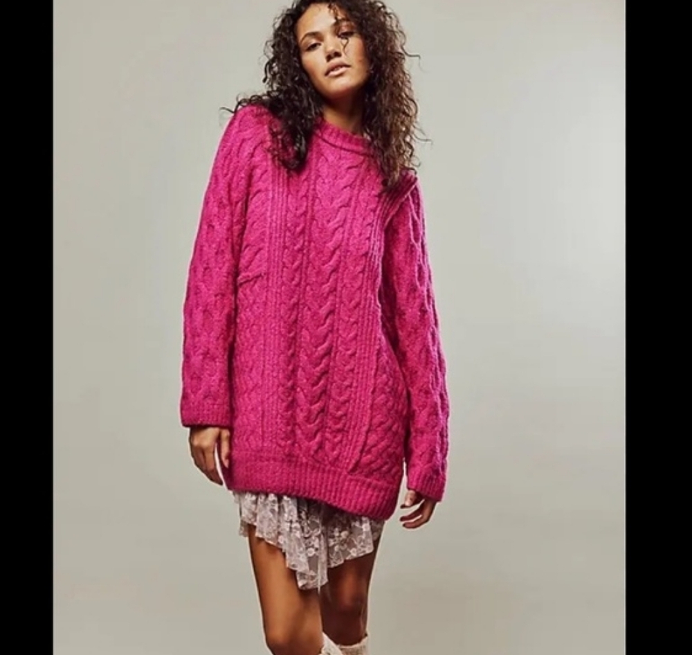 Free People Hot Pink Love Ship Knit Crew Neck Oversized Sweater Size Small